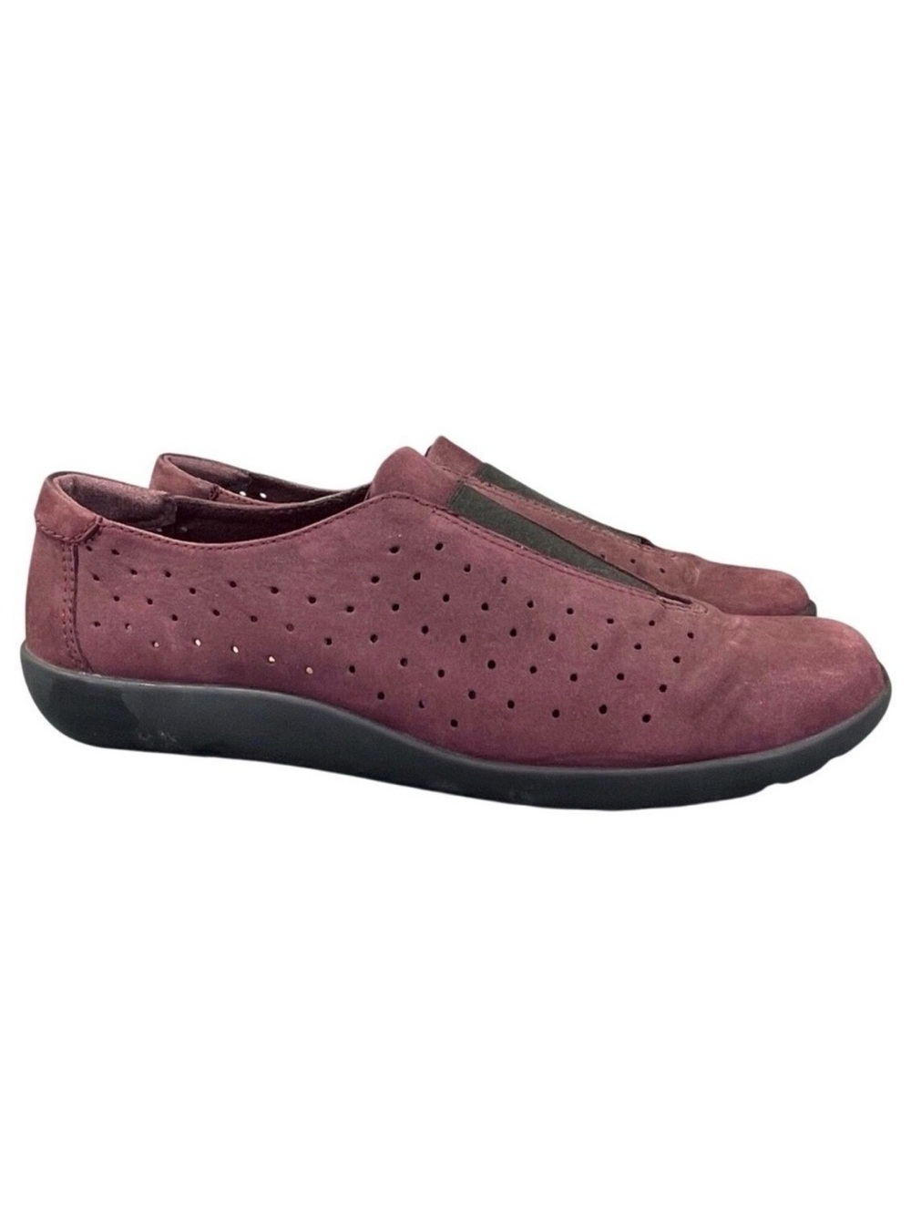 Clarks Loafers Burgundy Perforated Nubuck Cushion Soft Slip On Shoes 10